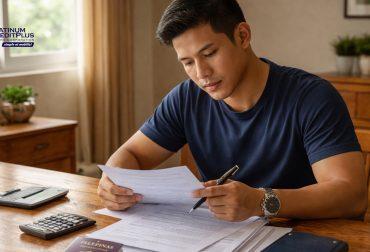 Filipino seafarer reviewing seaman's loan documents at home before deployment