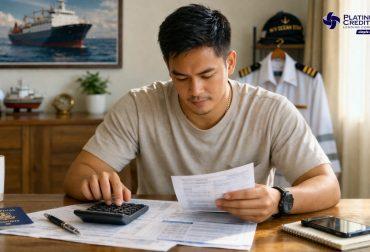Filipino seafarer reviewing seaman loan amount documents and calculating finances before deployment in the Philippines